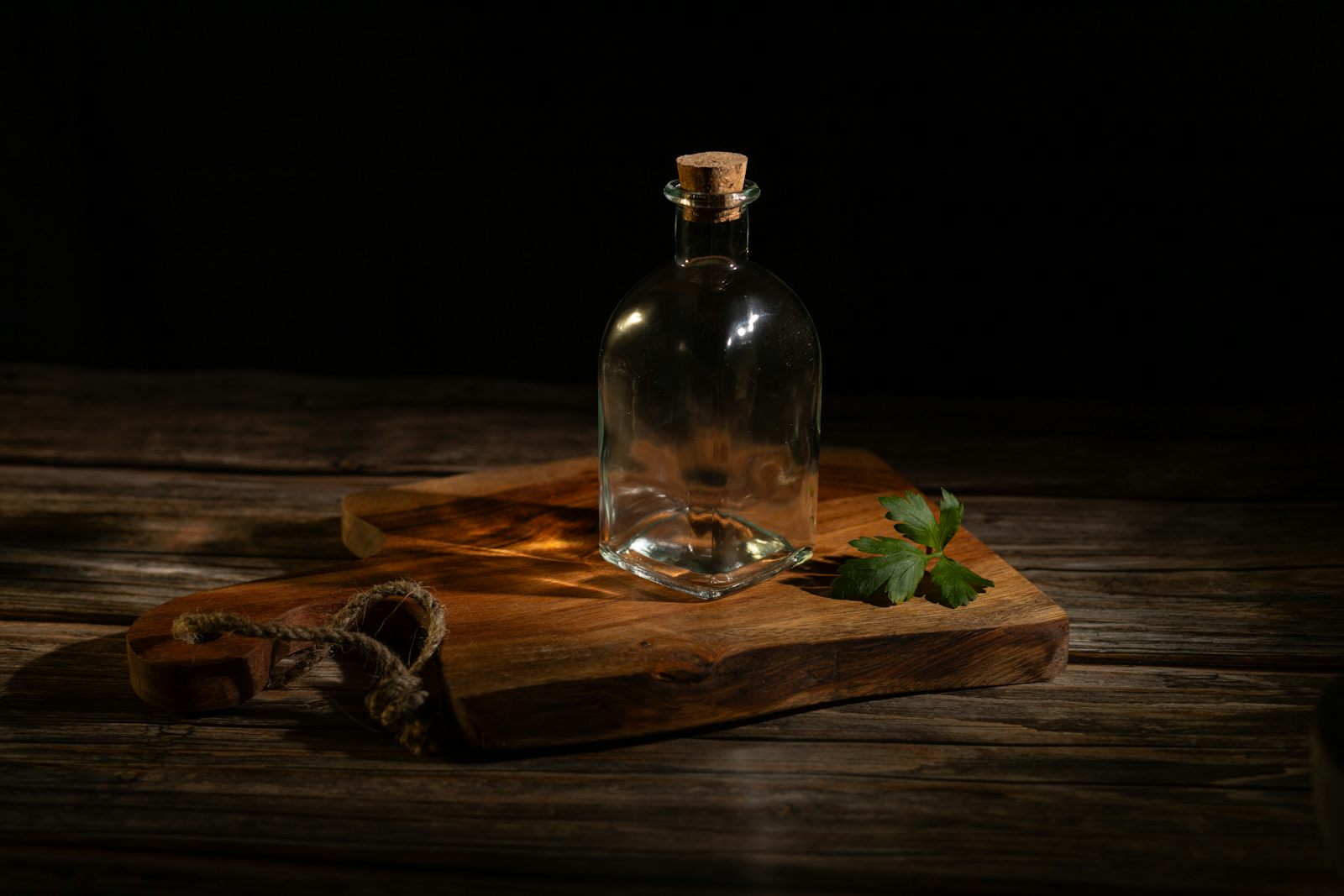 Glass bottle on wood